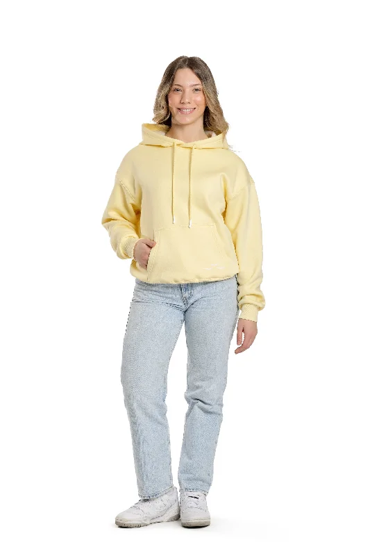 Women's cropped sweatshirt with a slogan graphic for a fun and expressive lookChlo Relaxed Fit Hoodie in banana yellow Women's cropped sweatshirt with a slogan graphic for a fun and expressive lookChlo Relaxed Fit Hoodie in banana yellow