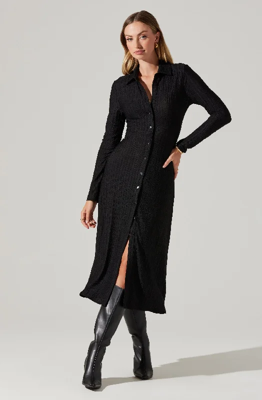 Maxi Women Dress with Floral Print for a Bohemian VibeCollared Long Sleeve Midi Dress