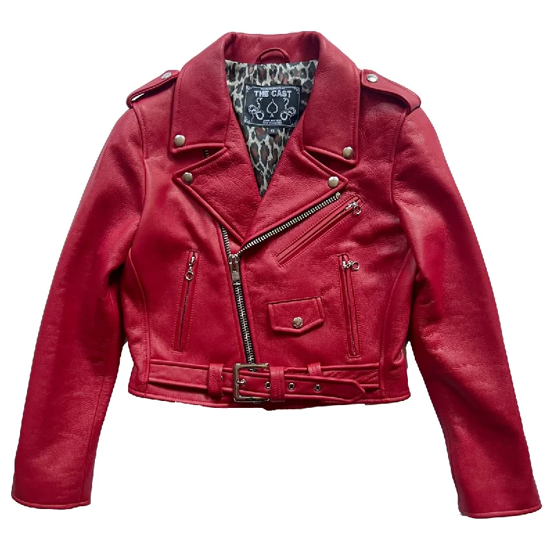 Hooded men jackets with a detachable faux - fur trim for added warmthCROPPED BOWERY JACKET (RED w/LEOPARD LINING) Hooded men jackets with a detachable faux - fur trim for added warmthCROPPED BOWERY JACKET (RED w/LEOPARD LINING)