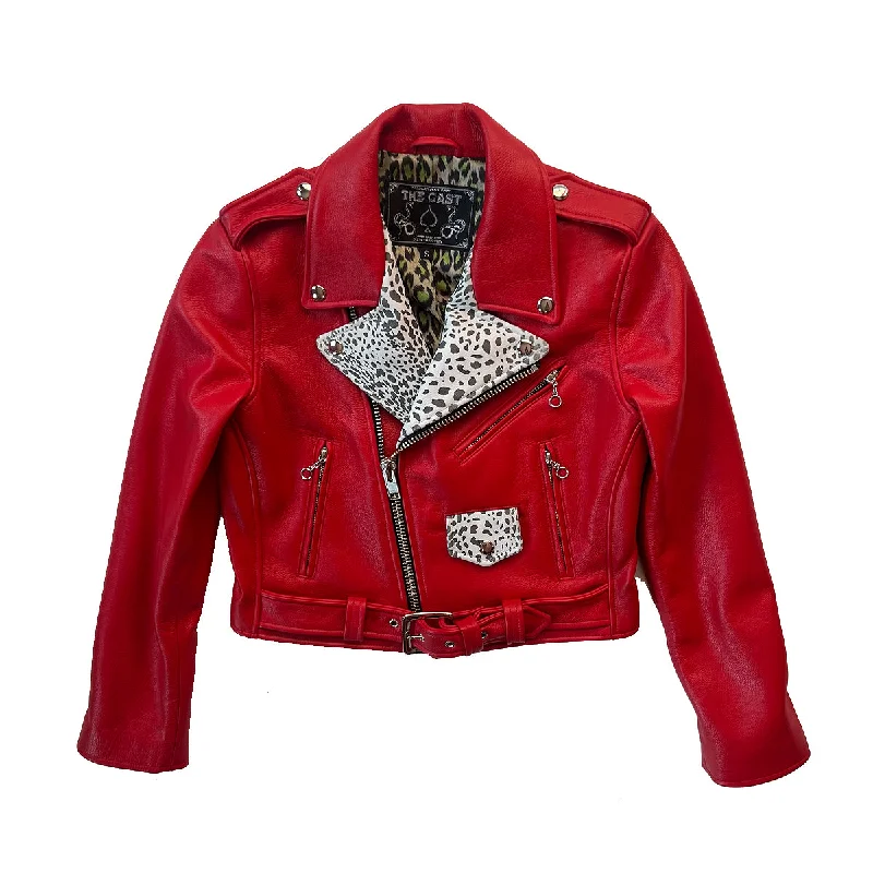 Men jackets with a hidden interior pocket for secure storageCROPPED BOWERY JACKET (RED w/WHITE LEOPARD LAPELS) Men jackets with a hidden interior pocket for secure storageCROPPED BOWERY JACKET (RED w/WHITE LEOPARD LAPELS)