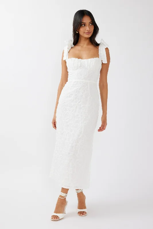 Wrap - Style Women Dress with Adjustable Fit for All Body TypesCupid Tied Shoulder Embellished Midi Dress White