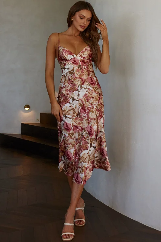 Sleeveless Women Dress in Bright Colors for Summer PartiesDowntown Cami Strap Front Split Midi Dress Abstract Rose Sleeveless Women Dress in Bright Colors for Summer PartiesDowntown Cami Strap Front Split Midi Dress Abstract Rose