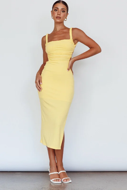 Mermaid - Style Women Dress with a Fitted Silhouette for Special OccasionsDream Crush Lace-Up Back Side Split Midi Dress Lemon