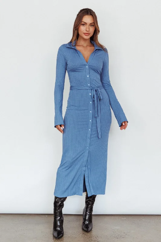 Backless Women Dress for a Sexy and Alluring Look at Evening EventsEastcoast Collared Placket Midi Dress Blue Backless Women Dress for a Sexy and Alluring Look at Evening EventsEastcoast Collared Placket Midi Dress Blue