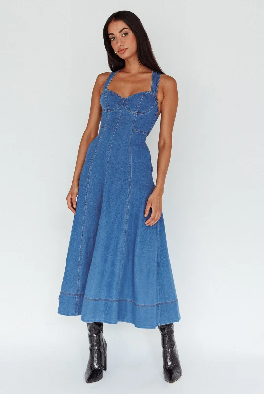 Shift Women Dress with a Simple and Classic Design for Everyday WearEllora Criss-Cross Back Denim Maxi Dress Navy