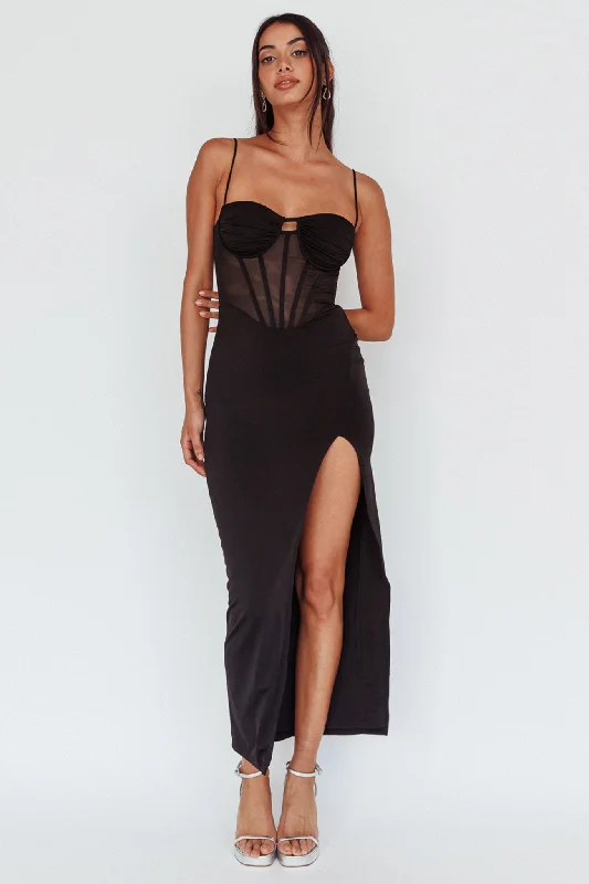 Shift Women Dress with a Simple and Classic Design for Everyday WearGinny Sheer Bodice Maxi Dress Black Shift Women Dress with a Simple and Classic Design for Everyday WearGinny Sheer Bodice Maxi Dress Black