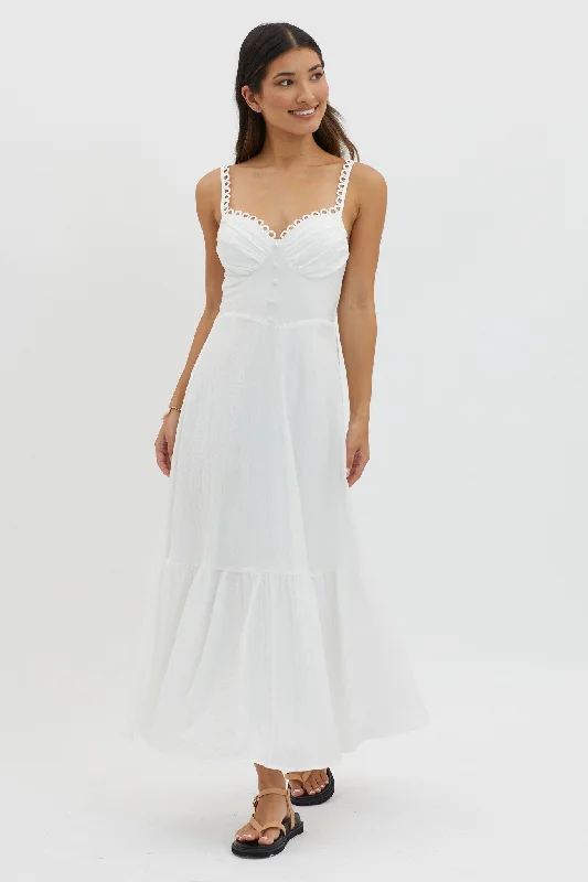 Plus Size Women Dress with a Flattering A - Line Cut for Comfort and StyleGolden Suns Scallop Trim Midi Dress White Plus Size Women Dress with a Flattering A - Line Cut for Comfort and StyleGolden Suns Scallop Trim Midi Dress White