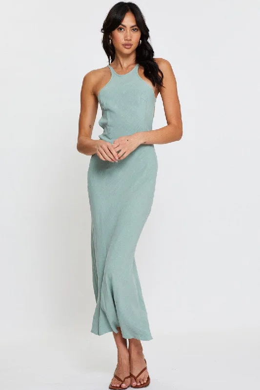 Green Maxi Dress Sleeveless Racer Neck