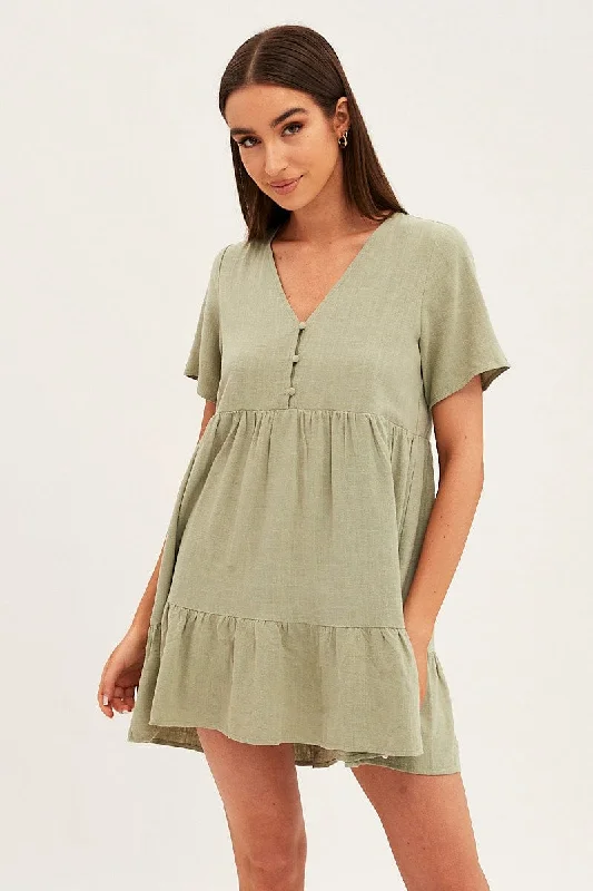 Ruffled Women Dress with Multiple Layers for a Playful and Girly StyleGreen Smock Dress Short Sleeve V Neck Linen Blend