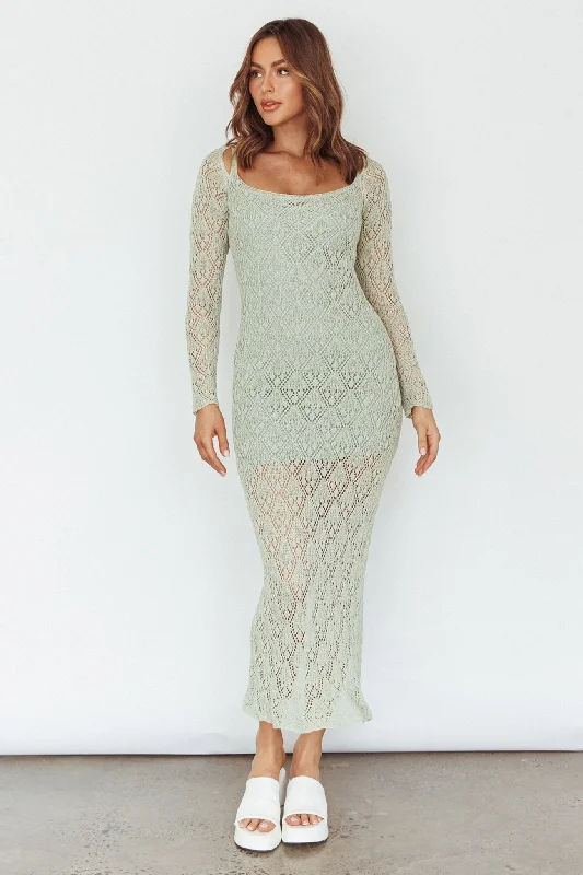 Mini Women Dress with a Short Hem for a Young and Trendy StyleHappy Place Long Sleeve Crochet Midi Dress Sage