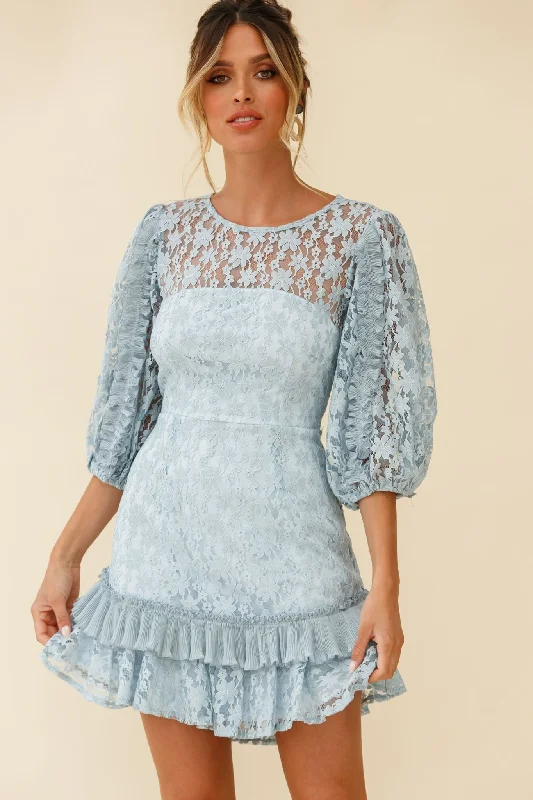 Lace - Embellished Women Dress for an Elegant and Sophisticated AppearanceHome Again Three-Quarter Sleeve Lace Dress Blue Lace - Embellished Women Dress for an Elegant and Sophisticated AppearanceHome Again Three-Quarter Sleeve Lace Dress Blue
