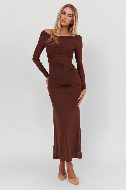 Long - Sleeve Women Dress in Velvet for a Luxurious Winter LookIn Blooms Off Shoulder Mesh Maxi Dress Chocolate