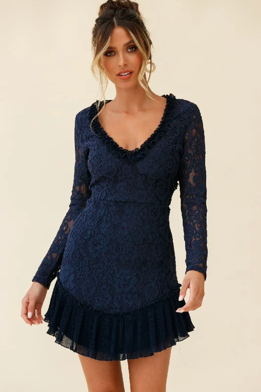 Lace - Embellished Women Dress for an Elegant and Sophisticated AppearanceIsabella Long Sleeve Open Back Lace Dress Navy Lace - Embellished Women Dress for an Elegant and Sophisticated AppearanceIsabella Long Sleeve Open Back Lace Dress Navy