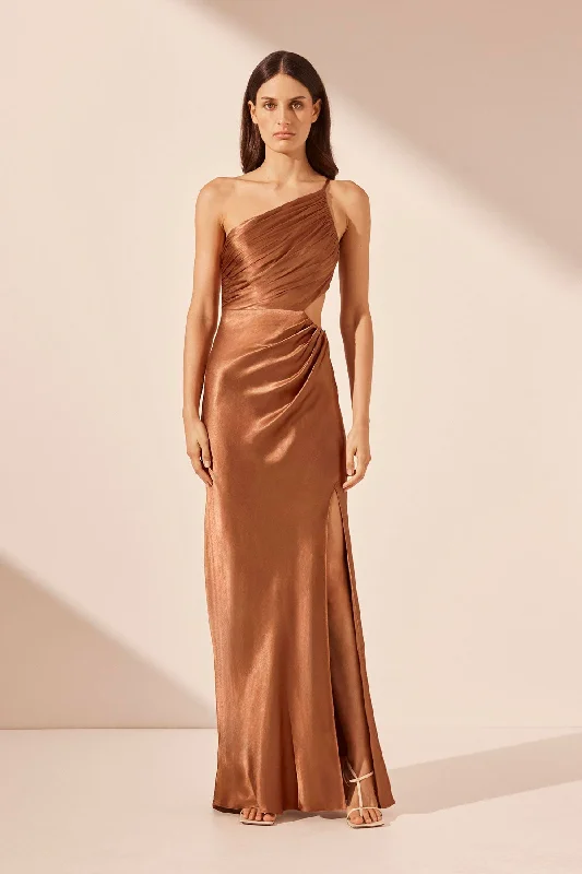 Backless Women Dress for a Sexy and Alluring Look at Evening EventsLA LUNE ASYMMETRICAL GATHERED MAXI DRESS - ALMOND