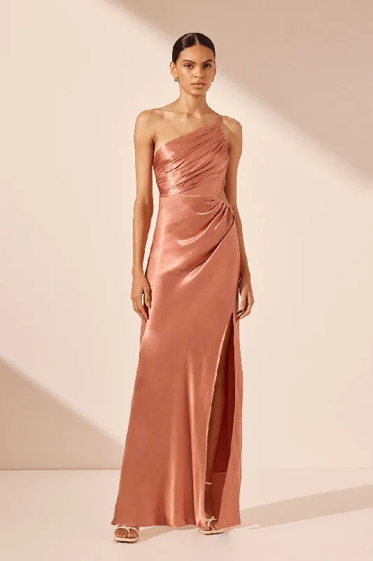 Mini Women Dress with a Short Hem for a Young and Trendy StyleLA LUNE ASYMMETRICAL GATHERED MAXI DRESS - ANTIQUE ROSE