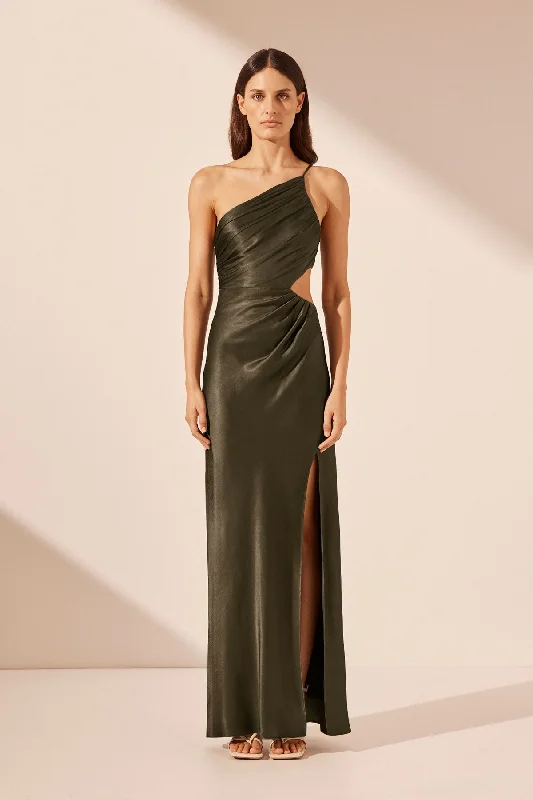 Off - the - Shoulder Women Dress for a Romantic and Feminine LookLA LUNE ASYMMETRICAL GATHERED MAXI DRESS - FOREST
