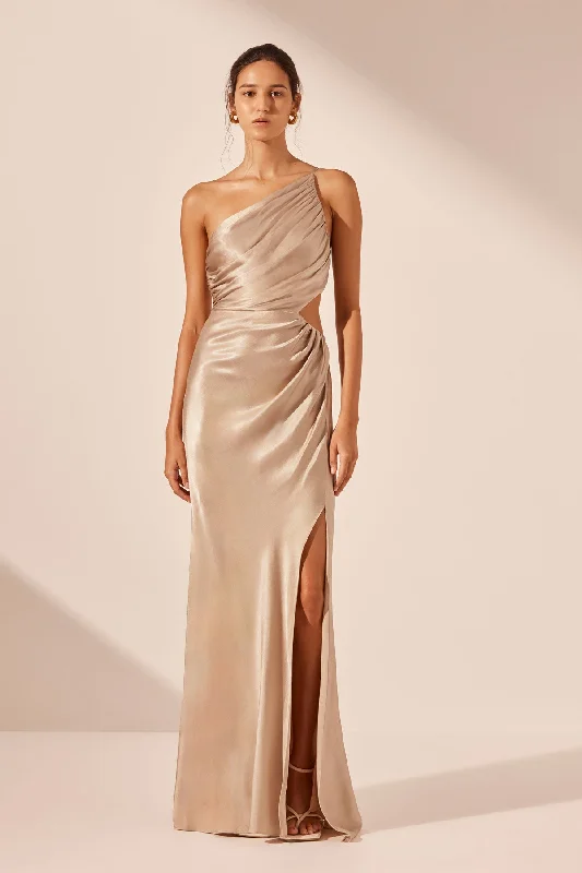 Ball Gown Women Dress with a Full Skirt for a Princess - like LookLA LUNE ASYMMETRICAL GATHERED MAXI DRESS - GOLD