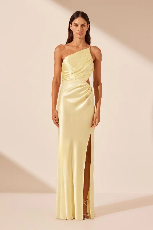 Strapless Women Dress with a Built - in Bra for Comfort and SupportLA LUNE ASYMMETRICAL GATHERED MAXI DRESS - LEMON