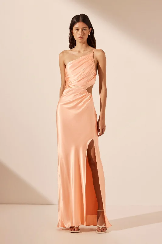 Ruffled Women Dress with Multiple Layers for a Playful and Girly StyleLA LUNE ASYMMETRICAL GATHERED MAXI DRESS - PEACH