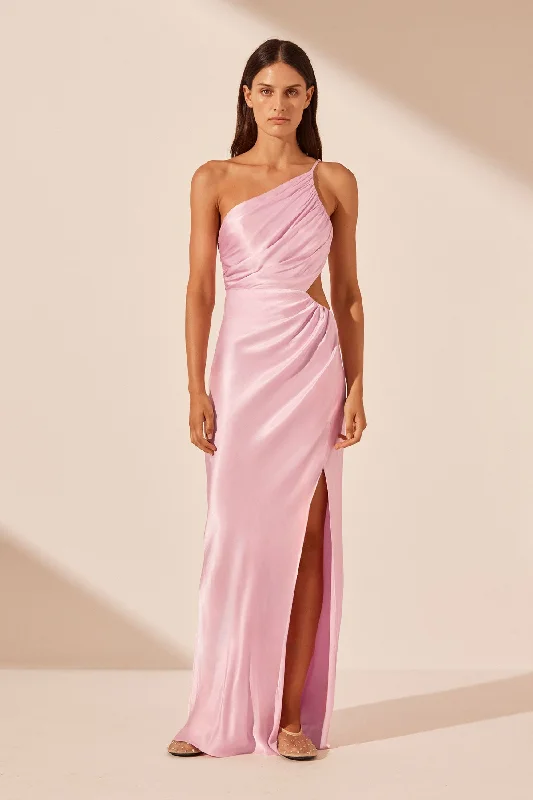 Pleated Women Dress with a Timeless and Elegant TextureLA LUNE ASYMMETRICAL GATHERED MAXI DRESS - PEONY