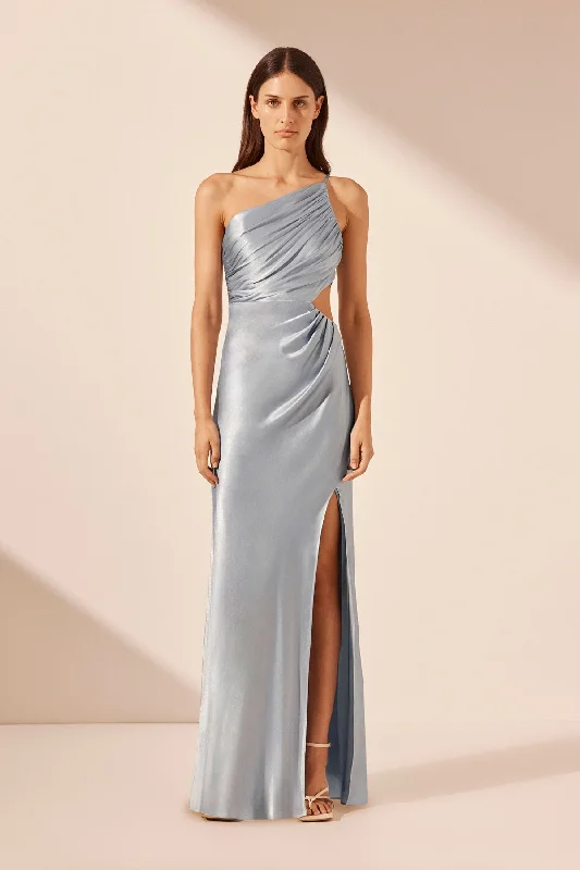 Halter Neck Women Dress to Show Off the Shoulders and NecklineLA LUNE ASYMMETRICAL GATHERED MAXI DRESS - POWDER BLUE