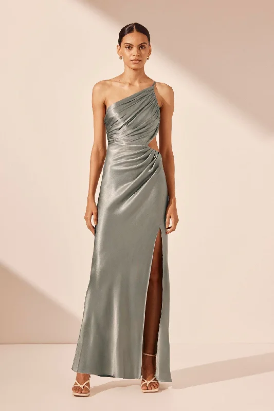 Empire Waist Women Dress to Accentuate the Bust and Conceal the WaistLA LUNE ASYMMETRICAL GATHERED MAXI DRESS - SAGE Empire Waist Women Dress to Accentuate the Bust and Conceal the WaistLA LUNE ASYMMETRICAL GATHERED MAXI DRESS - SAGE