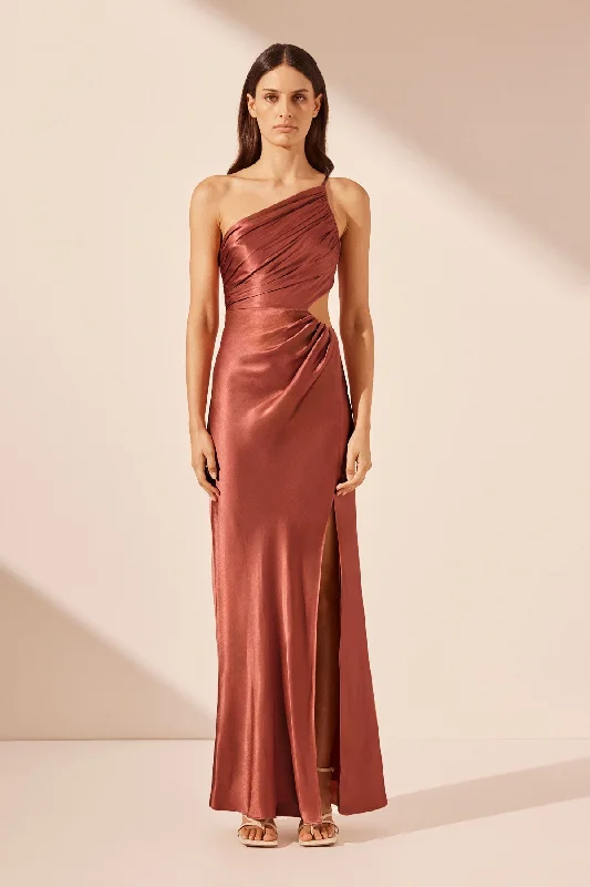 Sheath Women Dress with a Tailored Fit for a Professional LookLA LUNE ASYMMETRICAL GATHERED MAXI DRESS - TERRACOTTA