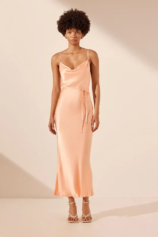Mermaid - Style Women Dress with a Fitted Silhouette for Special OccasionsLA LUNE BIAS COWL MIDI DRESS - PEACH