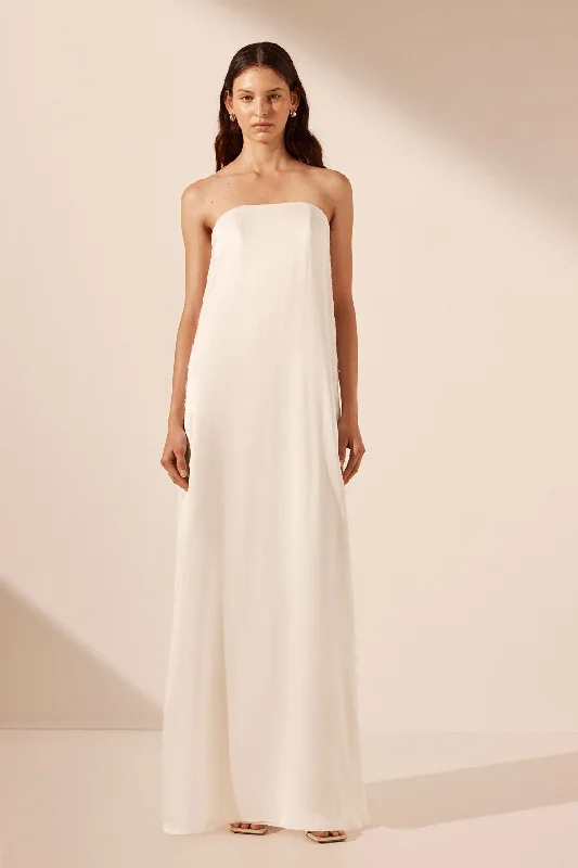 Ball Gown Women Dress with a Full Skirt for a Princess - like LookLA LUNE CUMULUS SILK STRAPLESS LACE COLUMN MAXI DRESS - IVORY