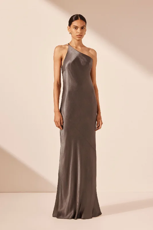 Mermaid - Style Women Dress with a Fitted Silhouette for Special OccasionsLA LUNE ONE SHOULDER COWL BACK MAXI DRESS - GRAPHITE Mermaid - Style Women Dress with a Fitted Silhouette for Special OccasionsLA LUNE ONE SHOULDER COWL BACK MAXI DRESS - GRAPHITE