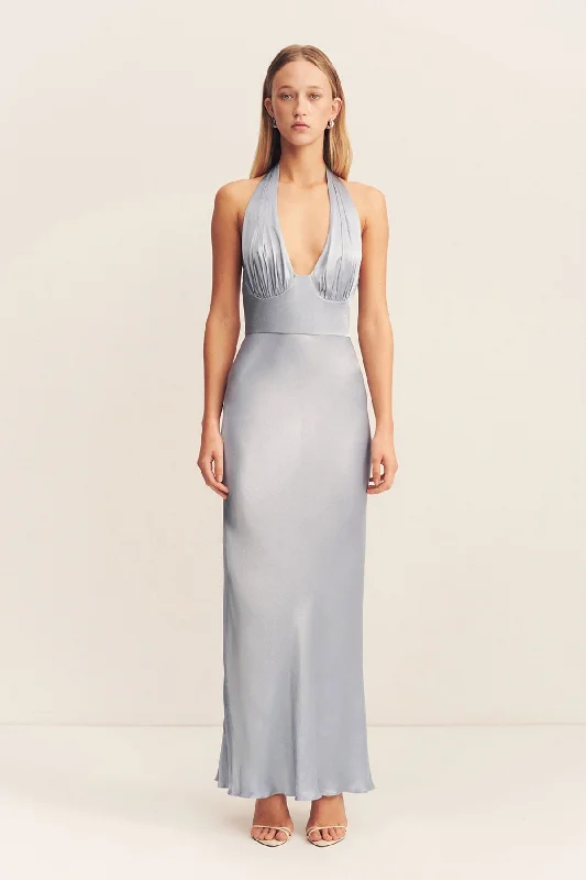 Strapless Women Dress with a Built - in Bra for Comfort and SupportLA LUNE PLUNGED HALTER MIDI DRESS - POWDER BLUE Strapless Women Dress with a Built - in Bra for Comfort and SupportLA LUNE PLUNGED HALTER MIDI DRESS - POWDER BLUE