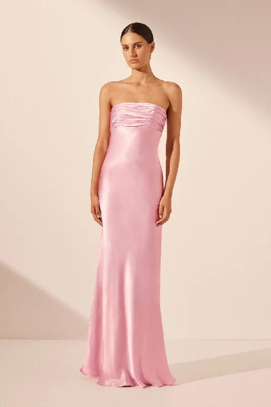 Strapless Women Dress with a Built - in Bra for Comfort and SupportLA LUNE STRAPLESS RUCHED BODICE MAXI DRESS - PEONY