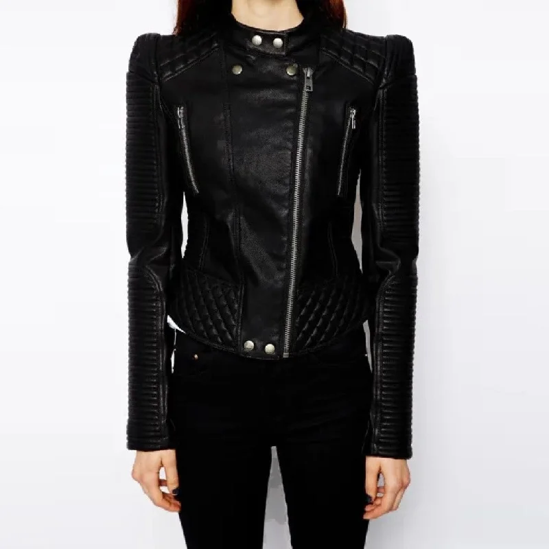 Men jackets with a media - friendly pocket for easy access to gadgetsLadies Band Collar Black Leather Biker Jacket Men jackets with a media - friendly pocket for easy access to gadgetsLadies Band Collar Black Leather Biker Jacket