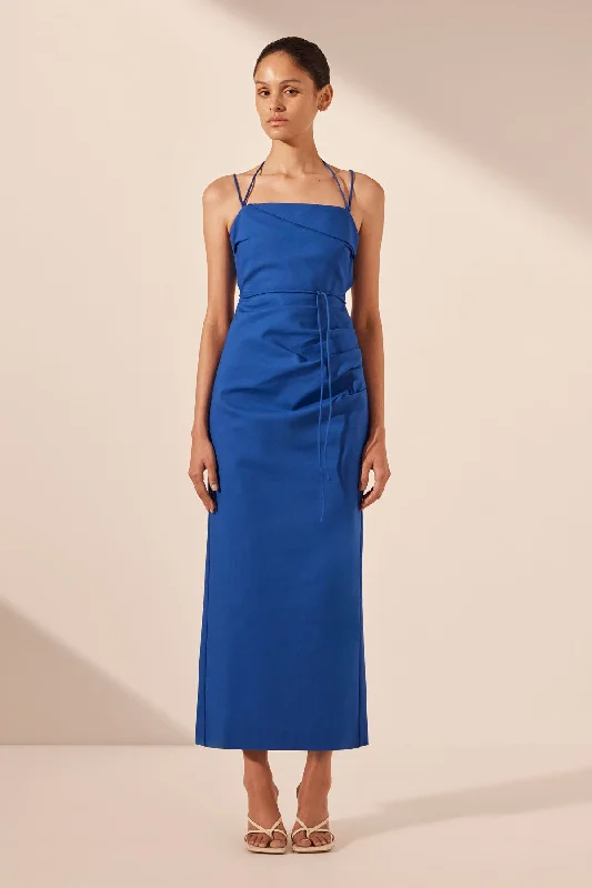 LANI DRAPED CROSS BACK MIDI DRESS - AZURE