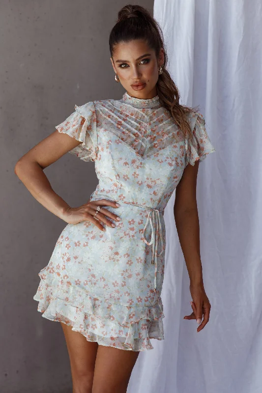 Strapless Women Dress with a Built - in Bra for Comfort and SupportLark High Neck Ruffle Sleeve Dress Flower Print Aqua Strapless Women Dress with a Built - in Bra for Comfort and SupportLark High Neck Ruffle Sleeve Dress Flower Print Aqua
