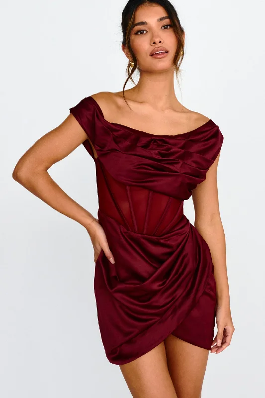 Little Black Women Dress with Sequins for a Glamorous Night OutLizetta Boat Neck Gathered Mini Dress Burgundy