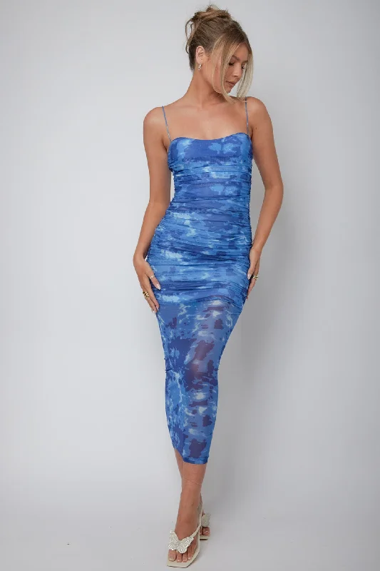 Backless Women Dress for a Sexy and Alluring Look at Evening EventsLogan Ruched Midi Dress Mottled Blue Backless Women Dress for a Sexy and Alluring Look at Evening EventsLogan Ruched Midi Dress Mottled Blue