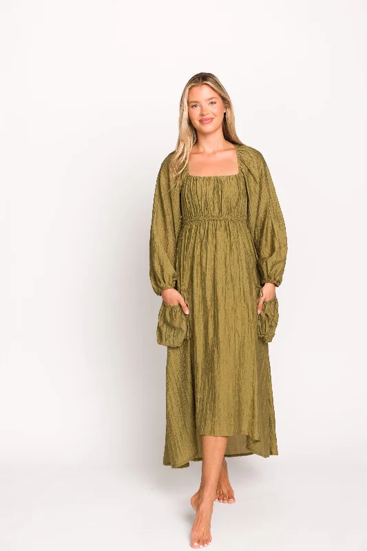 Off - the - Shoulder Women Dress for a Romantic and Feminine LookAriana Long Sleeved Maxi Dress with Slouchy Pocket in Olive
