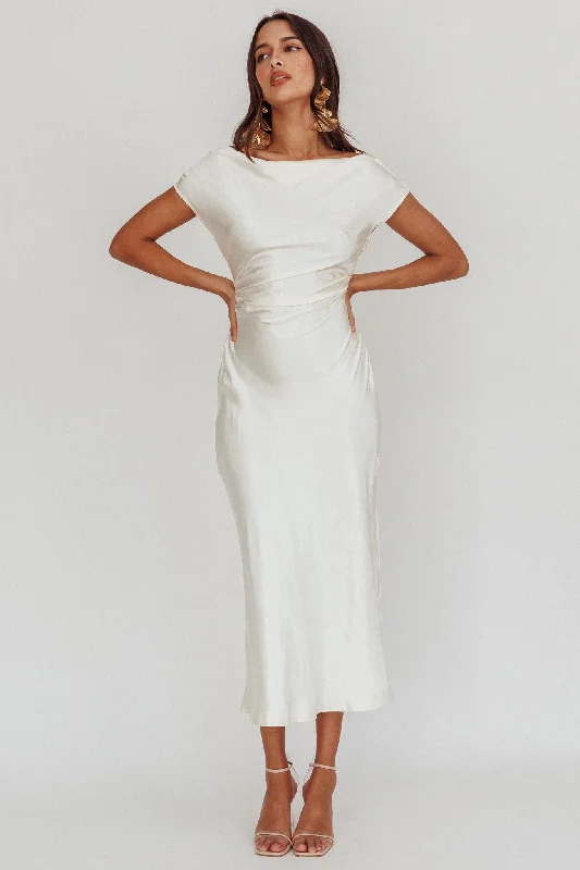 Mermaid - Style Women Dress with a Fitted Silhouette for Special OccasionsLoveland Cap Sleeve Cowl Back Midi Dress Oyster