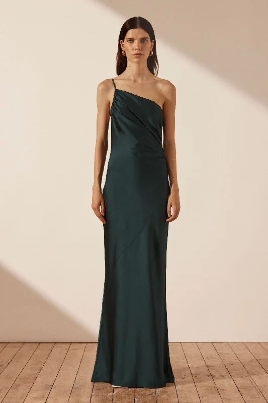 Plus Size Women Dress with a Flattering A - Line Cut for Comfort and StyleLUXE ASYMMETRICAL GATHERED MAXI DRESS - EMERALD