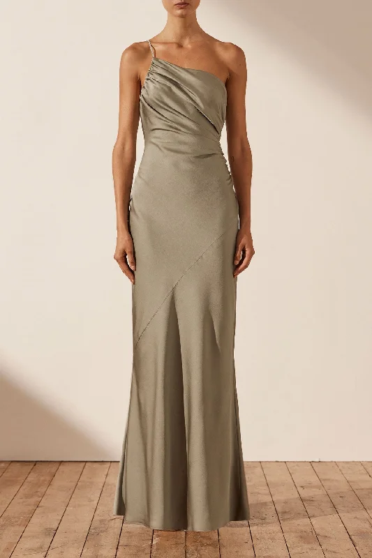 Pleated Women Dress with a Timeless and Elegant TextureLUXE ASYMMETRICAL GATHERED MAXI DRESS - EUCALYPTUS