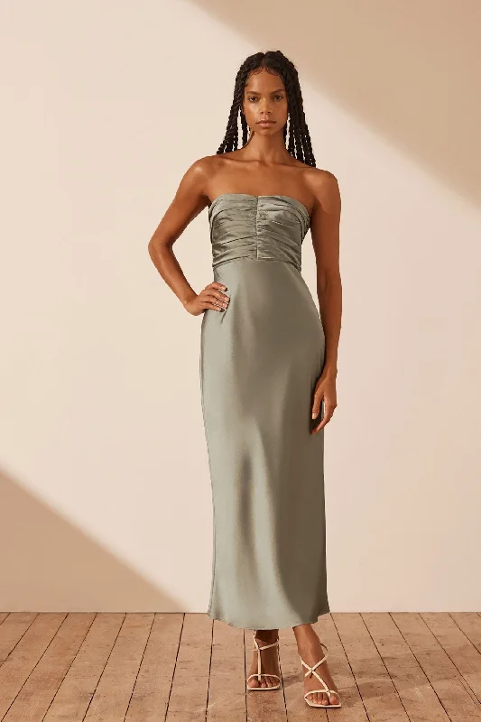 Printed Abstract Women Dress for a Modern and Artistic AppealLUXE STRAPLESS RUCHED BODICE MIDI DRESS - EUCALYPTUS