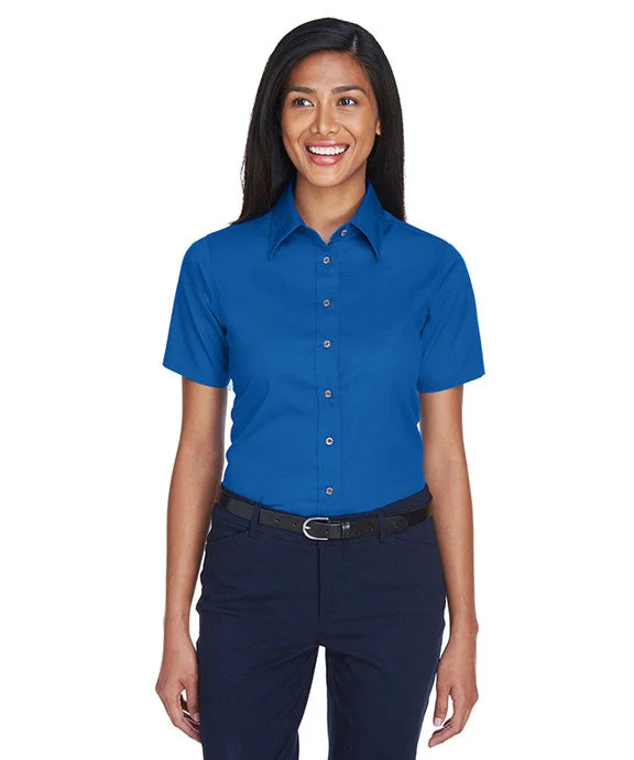 Women's hoodie with a kangaroo pocket and a pom - pom drawstring for added charmM500SW - Harriton Ladies Easy Blend™ Short-Sleeve Twill Shirt with Stain-Release | French Blue