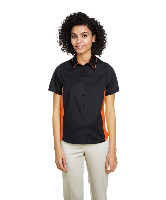 Women's tie - front hoodie in a lightweight fabric for summer layeringM586W - Harriton Ladies Flash IL Colorblock Short Sleeve Shirt | Black/Team Orange Women's tie - front hoodie in a lightweight fabric for summer layeringM586W - Harriton Ladies Flash IL Colorblock Short Sleeve Shirt | Black/Team Orange