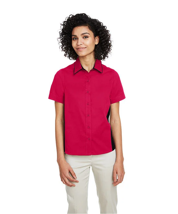 Women's crew - neck sweatshirt in a heather gray shade for a classic and versatile optionM586W - Harriton Ladies Flash IL Colorblock Short Sleeve Shirt | Red/Black
