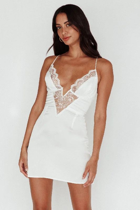 Printed Abstract Women Dress for a Modern and Artistic AppealMake Me Blush Lace Trim Mini Dress White
