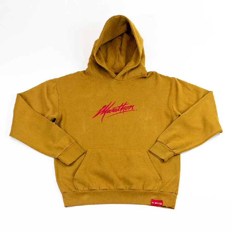 Women's fleece - lined hoodie with thumbholes for warmth in winterMarathon Script Signature Hoodie - Light Brown/Red Women's fleece - lined hoodie with thumbholes for warmth in winterMarathon Script Signature Hoodie - Light Brown/Red