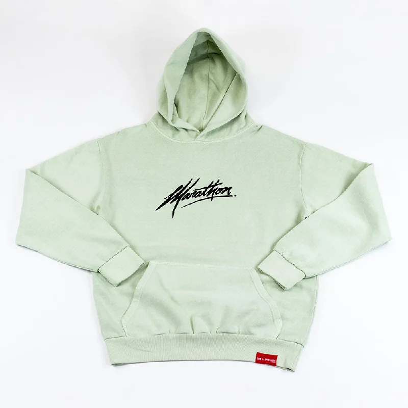 Women's long - sleeve cropped sweatshirt with ribbed cuffs for a snug fitMarathon Script Signature Hoodie - Pistachio/Black Women's long - sleeve cropped sweatshirt with ribbed cuffs for a snug fitMarathon Script Signature Hoodie - Pistachio/Black