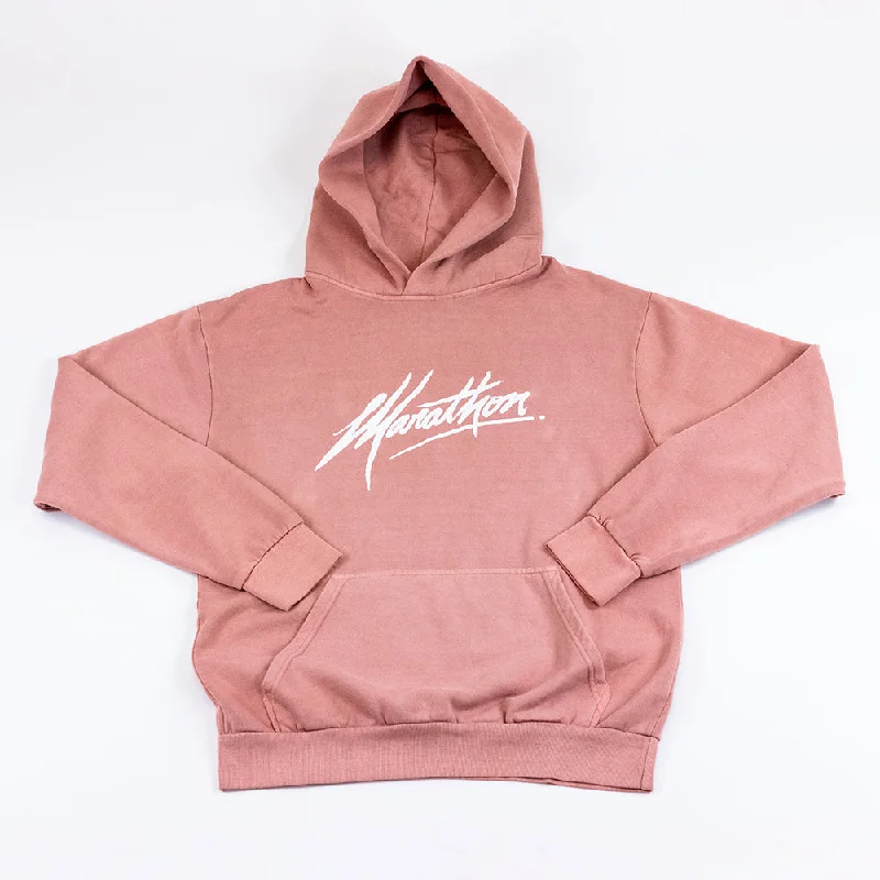 Women's quarter - zip sweatshirt made of organic cotton for eco - conscious fashionMarathon Script Signature Hoodie - Salmon/White Women's quarter - zip sweatshirt made of organic cotton for eco - conscious fashionMarathon Script Signature Hoodie - Salmon/White