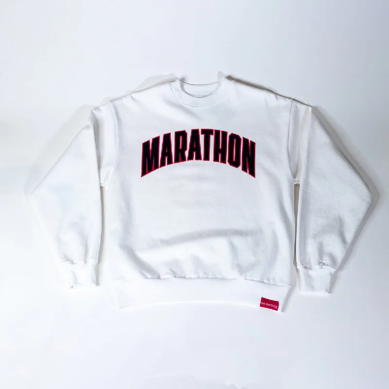 Women's oversized cropped hoodie with drawstrings for a trendy lookMarathon Varsity Crewneck Sweatshirt - White/Black Women's oversized cropped hoodie with drawstrings for a trendy lookMarathon Varsity Crewneck Sweatshirt - White/Black